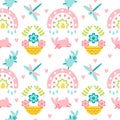 Easter seamless pattern with rainbow, dragonfly, bunny, heart, basket, flower isolated on white background. Royalty Free Stock Photo