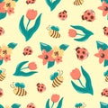 Easter seamless pattern with tulip, flowers, bee and ladybug. Hand draw style.