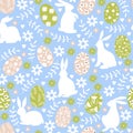 Easter seamless pattern with various silhouette bunnies, eggs, flowers and leaves.