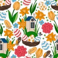Easter seamless pattern. Vector illustration of a cute house, eggs, and flowers. Royalty Free Stock Photo
