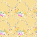 Seamless Easter pattern Watercolor hand drawn of yellow chiken, Spring flowers, willow, bow, egg. Colorful bird, chikens Royalty Free Stock Photo