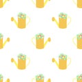 Easter seamless pattern with watering can and flowers on a transparent background. Vector hand-drawn illustration for spring holid