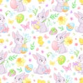 Easter seamless vector pattern with cute bunnies, chicks, eggs, spring flowers and butterflies. Royalty Free Stock Photo