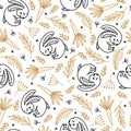 Easter seamless vector pattern with lazy bunny. Hand drawn illustration isolated on white background.