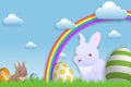 Easter season with rabbit and colorful eggs in meadow field background.