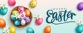 Easter season vector background design. Happy easter greeting text with 3d colorful eggs in nest basket element for seasonal egg.