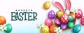 Easter season vector background design. Happy easter text with 3d colorful eggs and bunny ears in basket nest decoration. Royalty Free Stock Photo