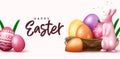 Easter season vector design. Happy easter text with 3d realistic bunny figurine and colorful eggs pattern prints elements.