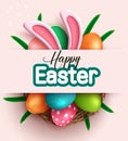 Easter season vector design. Happy easter typography text in pink space with 3d realistic bunny figurine and colorful eggs pattern Royalty Free Stock Photo