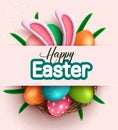 Easter season vector design. Happy easter typography text in pink space with 3d realistic bunny figurine and colorful eggs.