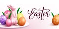Easter season vector design. Happy easter text with 3d realistic bunny figurine and colorful eggs pattern elements for seasonal. Royalty Free Stock Photo