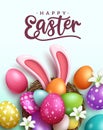 Easter season vector poster design. Happy easter text with 3d realistic bunny ears and eggs bunch in nest for holiday season. Royalty Free Stock Photo