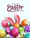 Easter season vector poster design. Happy easter text with 3d realistic bunny ears and eggs bunch in nest for holiday season.