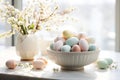 Easter serenity. Pastel colored eggs and spring flowers make a charming Easter scene for design.