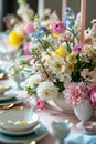 Easter served table with flowers. Selective focus. Royalty Free Stock Photo