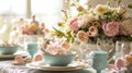 Easter served table with flowers. Selective focus. Royalty Free Stock Photo