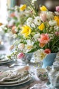 Easter served table with flowers. Selective focus. Royalty Free Stock Photo