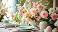 Easter served table with flowers. Selective focus. Royalty Free Stock Photo
