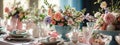 Easter served table with flowers. Selective focus. Royalty Free Stock Photo