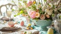 Easter served table with flowers. Selective focus. Royalty Free Stock Photo