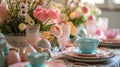 Easter served table with flowers. Selective focus. Royalty Free Stock Photo