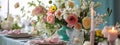 Easter served table with flowers. Selective focus. Royalty Free Stock Photo