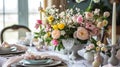 Easter served table with flowers. Selective focus. Royalty Free Stock Photo