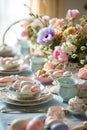 Easter served table with flowers. Selective focus. Royalty Free Stock Photo