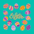 A big set of colorful Easter eggs in doodle style on a blue background. Hand-drawn calligraphic inscription `Easter`. Royalty Free Stock Photo