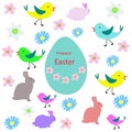 Easter set with bunnies, sakura flowers, daisies, abstract birds and egg. Cute cartoon characters and floral icon, vector eps 10 Royalty Free Stock Photo