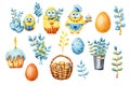 Easter set with colorful eggs, cartoon chickens, willow, Easter cake, bouquet. Hand watercolor illustration isolated on