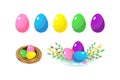 Easter set of colorful eggs,nest and plate with easter eggs,willow twigs,mimosas and green sprigs