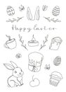 Easter Set in continuous one line style with design elements like bunny, eggs, dove, candle, cross, Easter cake, mug