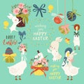 Easter Set with Cute White Bunnies, Gooses and Easter Eggs