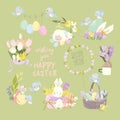 Easter Set with Cute White Bunnies, Sheep, Flowers and Easter Eggs