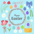 Easter set eggs, basket, wreath, pink, tulips, willow, chamomiles and bow. vector illustration for greeting card Royalty Free Stock Photo