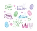 Easter Set with eggs lettering german fonts and bunny. Spring elements.