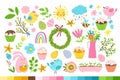 Easter set with hare, birds, eggs, sweet cupcakes, spring flowers. Colorful cartoon holiday collection of hand drawn Royalty Free Stock Photo