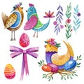 Easter set. Holiday symbols. Fabulous birds, Easter eggs, flowers and a pink bow. Watercolor Royalty Free Stock Photo