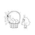 Easter set of outline illustrations, hand drawn, sketch style, simple. Chicken, basket of eggs. Coloring book design elements. Royalty Free Stock Photo