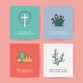 Easter Set of Postcards, Gift Tags, Layouts Drawn in a Linear style with a Stroke. Christian Symbol Cross with Rays