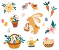 Easter set. Rabbit with basket, flowers, watering can, carrot, basket with eggs. Spring. Happy easter. Great for decoration flyers