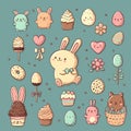 Easter set in retro hand drawn style. Bunny, colored eggs, sweet food and cakes, flowers. Pastel vectore collection of