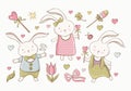 Easter set in vector. artoon Easter bunnies and different items. Little rabbit boy and girl. Vintage hand drawn. Kawaii funny