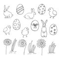 Easter set, vector illustration, bunnies, chickens, eggs and daisies, hand drawing