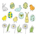 Easter set, vector illustration, bunnies, chickens, eggs and daisies, hand drawing colored