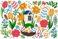 Easter set of vector illustrations. Cute house, eggs, flowers, and bows. Cartoon style Royalty Free Stock Photo