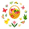 Easter set. Wicker basket with eggs, chicken, butterflies, flowers, plants, twigs. Flat design.