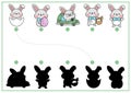 Easter shadow matching activity with bunnies. Spring holiday shape recognition puzzle with cute kawaii animals. Find correct