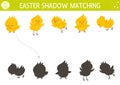 Easter shadow matching activity for children with chickens. Fun spring puzzle with cute farm birds. Holiday celebration